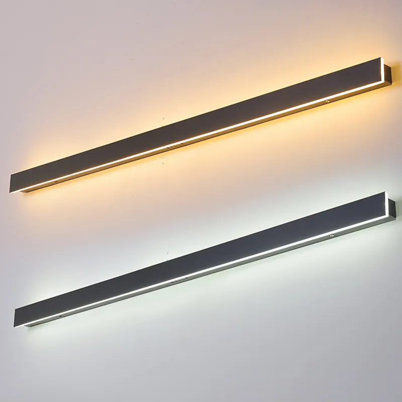 Minimalistisk lineær fasadebelysning; moderne LED utendørs vegglampe som tåler vær og vind, i flere størrelser.