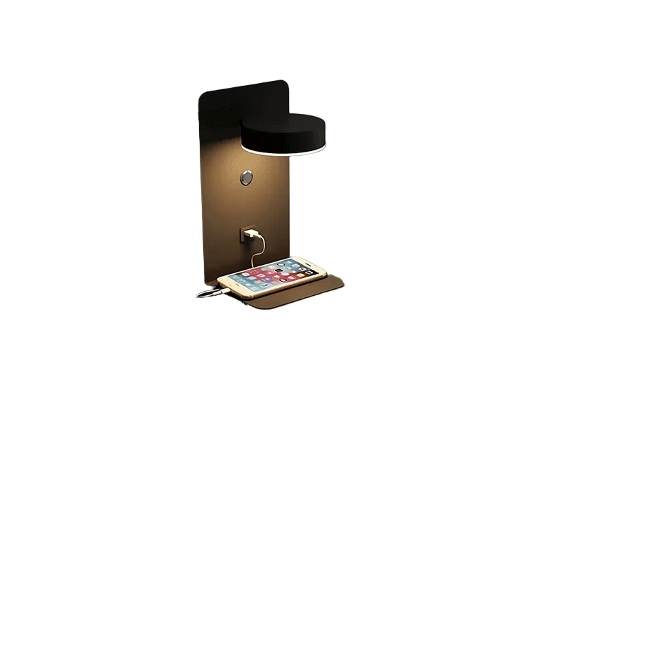 Moderne vegglampe med roterbart LED-hode og USB-lader, ideell som leselys på soverommet.