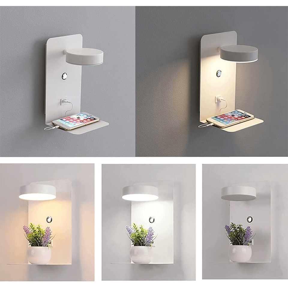 Vegglampe med roterbart hode, dimbar LED og USB-lader. Optimalt leselys for soverom og moderne interiør.