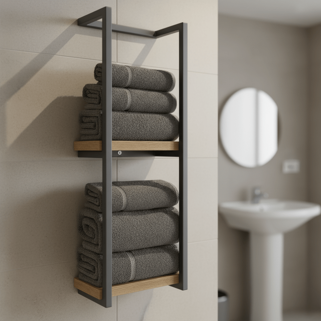 Elegant, minimalistisk håndkleholder i metall, perfekt for moderne baderomsinteriør.