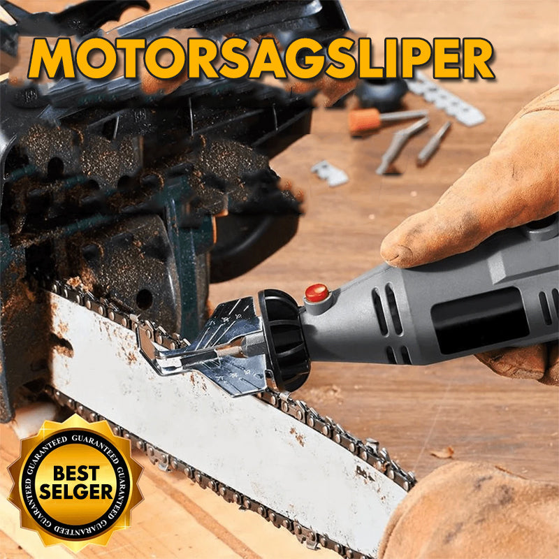 "Motorsagsliper tilbehør med robust stålkonstruksjon for effektiv sliping og enkel installasjon på sagverktøy."