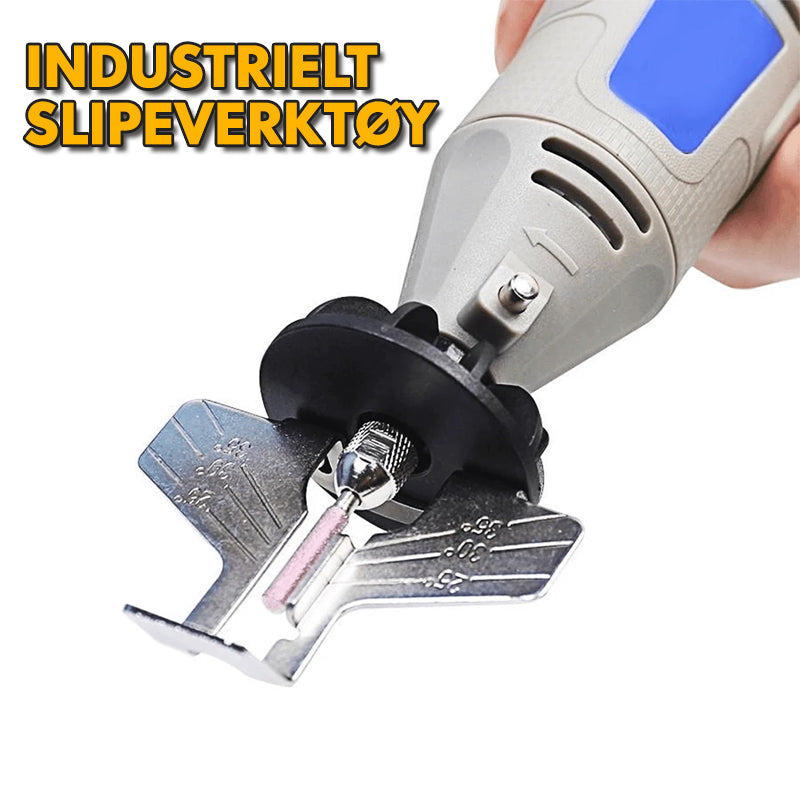 "Motorsagsliper tilbehør med robust stålkonstruksjon for effektiv sliping og enkel installasjon på sagverktøy."