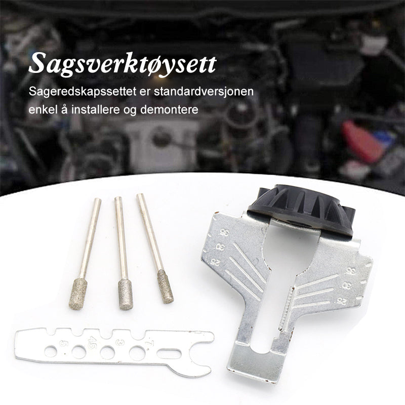 "Motorsagsliper tilbehør med robust stålkonstruksjon for effektiv sliping og enkel installasjon på sagverktøy."