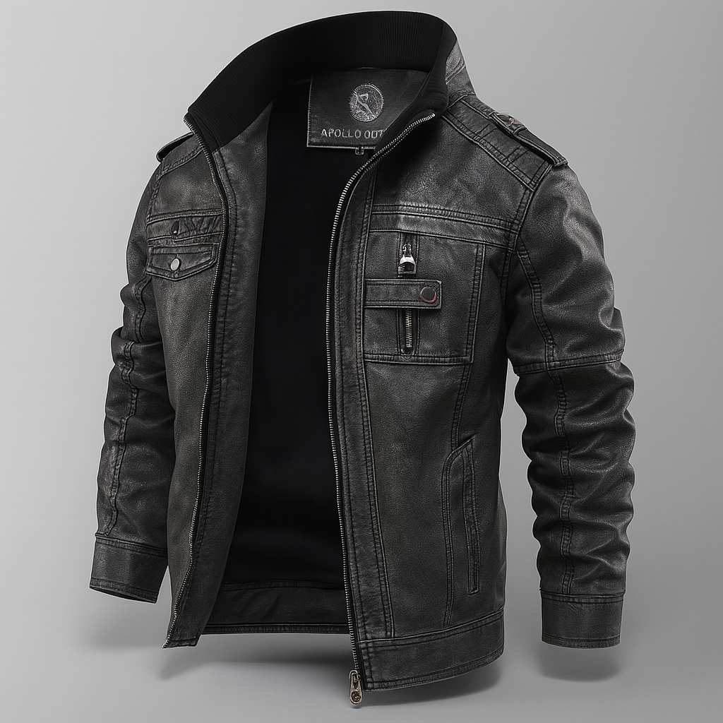 Motorsykkeljakke i ekte skinn, svart med metalliske detaljer. Robust biker-look, glidelås, vatterte skuldre.