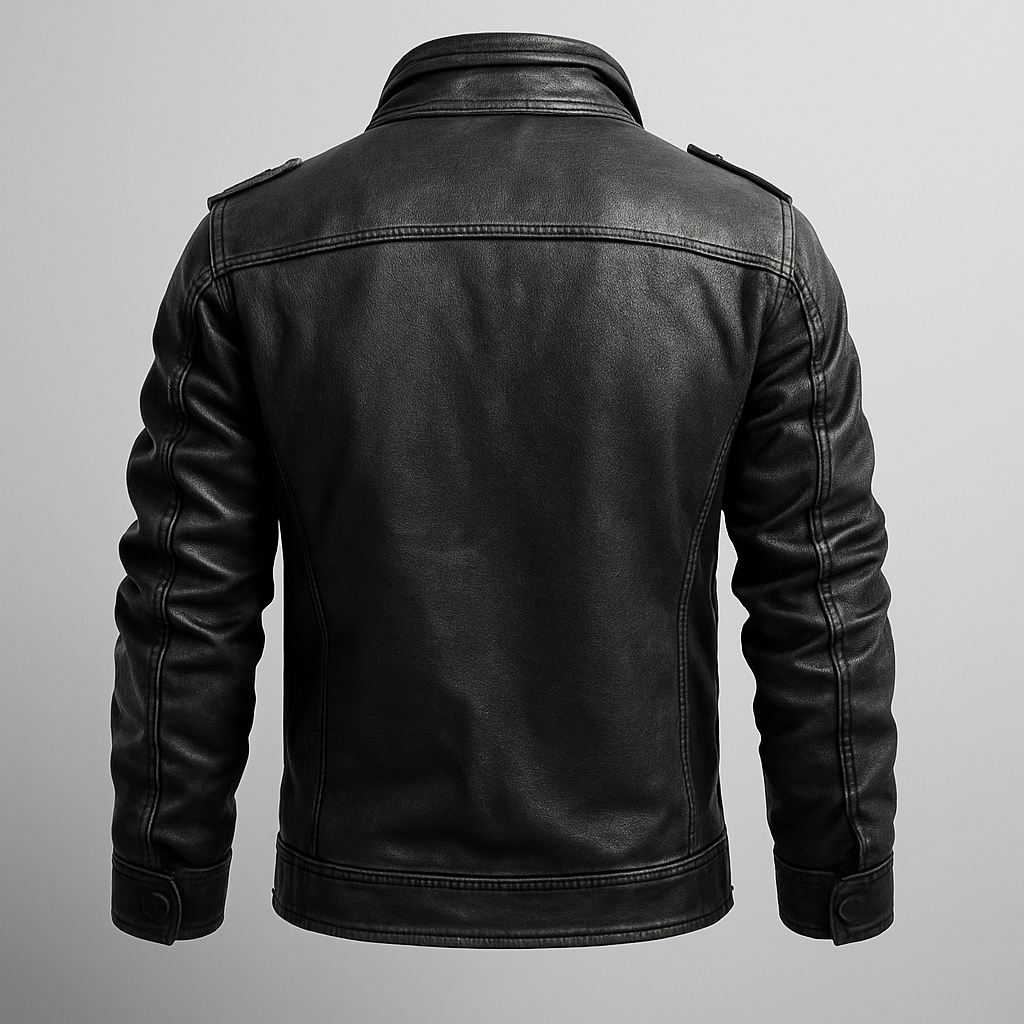 Motorsykkeljakke i ekte skinn, svart med metalliske detaljer. Robust biker-look, glidelås, vatterte skuldre.