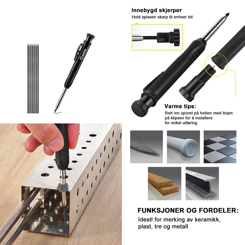 "Multi-funksjonell konstruksjonsblyant i metall med justerbart hode for nøyaktig DIY-bruk."