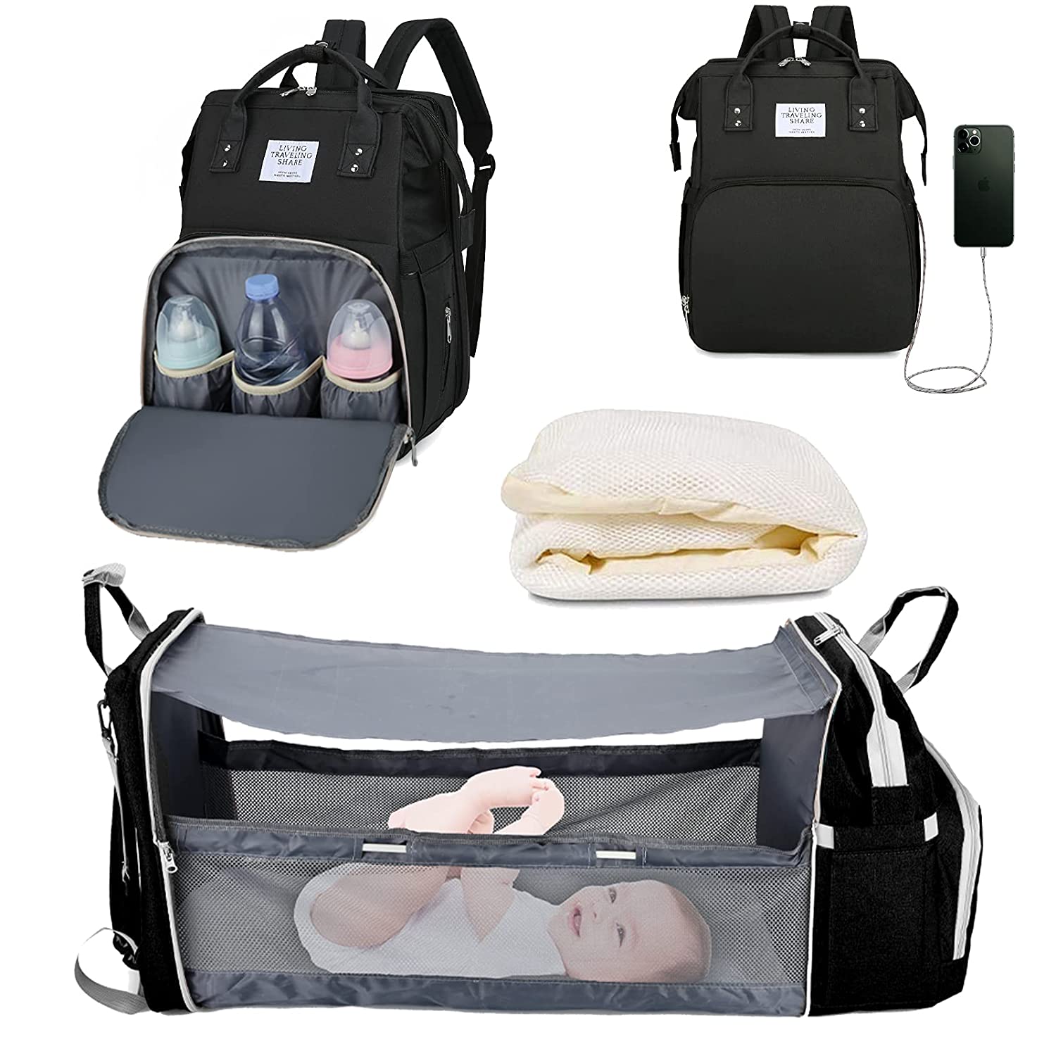 Unisex bleieveske som ryggsekk med integrert uttrekkbar babyseng, ideell for stelle og hvile underveis.