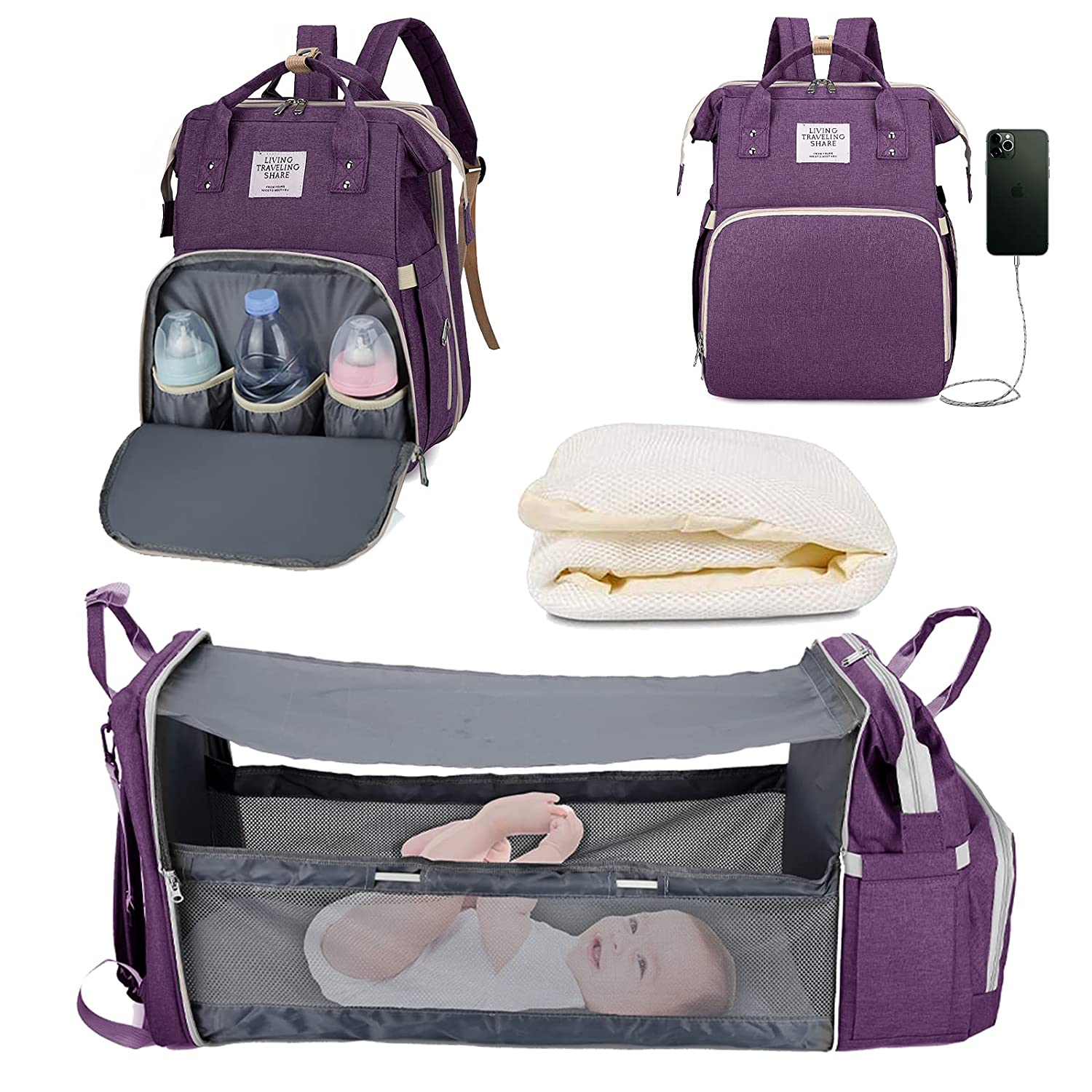 Innovativ bleieveske med smart uttrekkbar seng, designet som ryggsekk for enkel transport med baby.