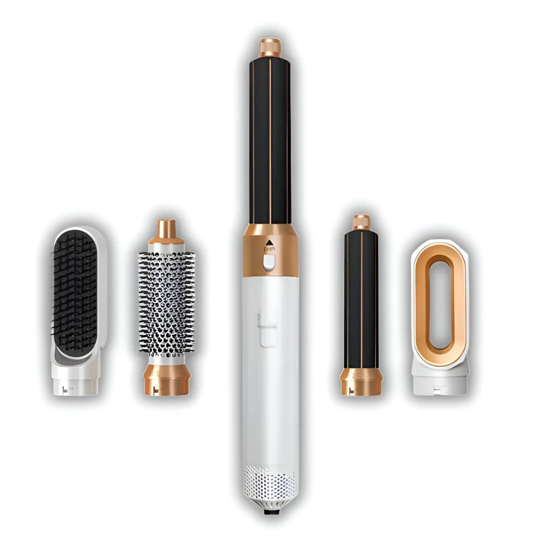 "Multifunksjonell 5-i-1 airstyler for proff hårstyling, med utskiftbare børstehoder og Coanda-effekt teknologi."