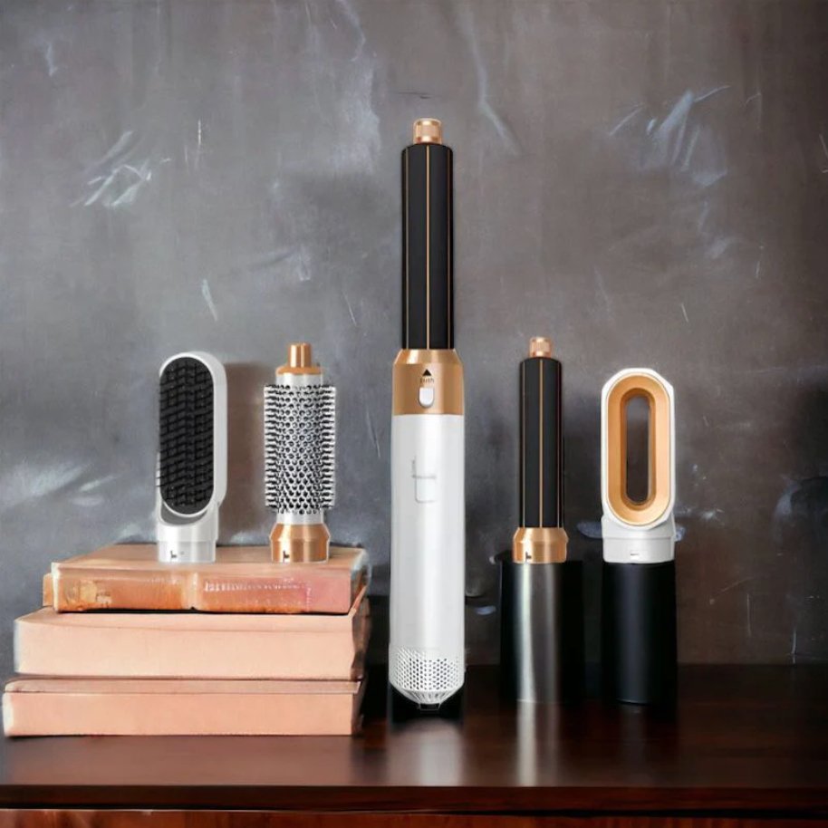 "Multifunksjonell 5-i-1 airstyler for proff hårstyling, med utskiftbare børstehoder og Coanda-effekt teknologi."