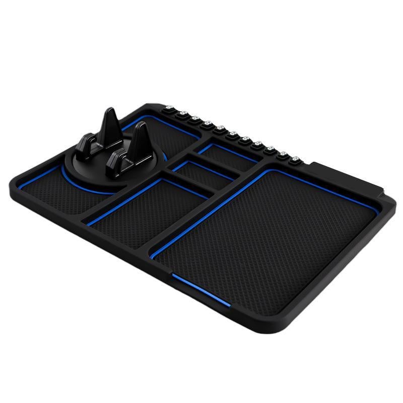 "Multifunksjonell anti-skli matte med mobilholder i silikon, svart, på bilens dashbord for enkel lagring og visning."