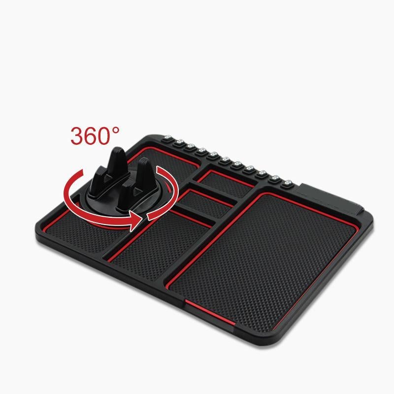 "Multifunksjonell anti-skli matte med mobilholder i silikon, svart, på bilens dashbord for enkel lagring og visning."