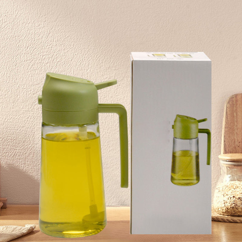"Multifunksjonell glass oljesprøyte og dispenser; elegant design, 470 ml kapasitet, rustfritt stål detaljer."
