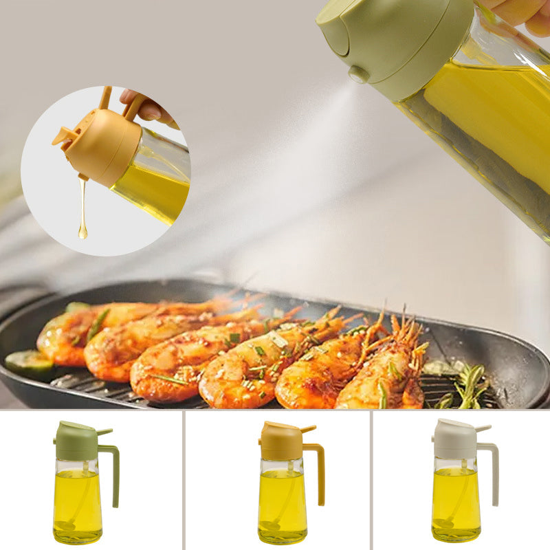 "Multifunksjonell glass oljesprøyte og dispenser; elegant design, 470 ml kapasitet, rustfritt stål detaljer."