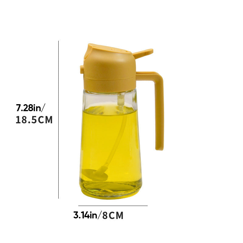 "Multifunksjonell glass oljesprøyte og dispenser; elegant design, 470 ml kapasitet, rustfritt stål detaljer."