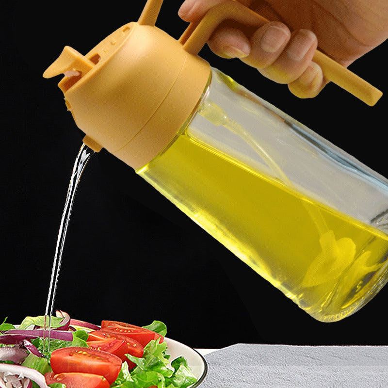 "Multifunksjonell glass oljesprøyte og dispenser; elegant design, 470 ml kapasitet, rustfritt stål detaljer."