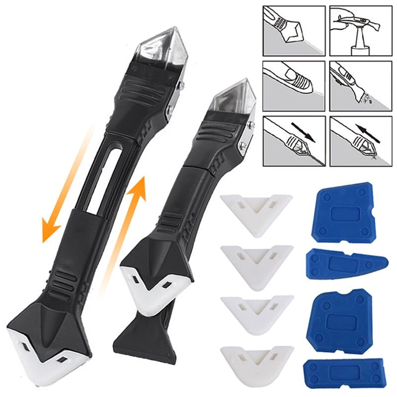 Nærbilde av 5-i-1 fugemasseverktøy som viser silikonfjerner og forskjellige sparkeldeler, ideelt for bygg og vedlikehold