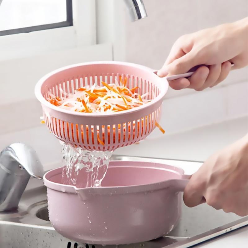 Multifunksjonskutter for kjøkkenet, julienne-skjærer i blått og rosa, lager sunne grønnsaknudler, sikker og enkel i bruk.