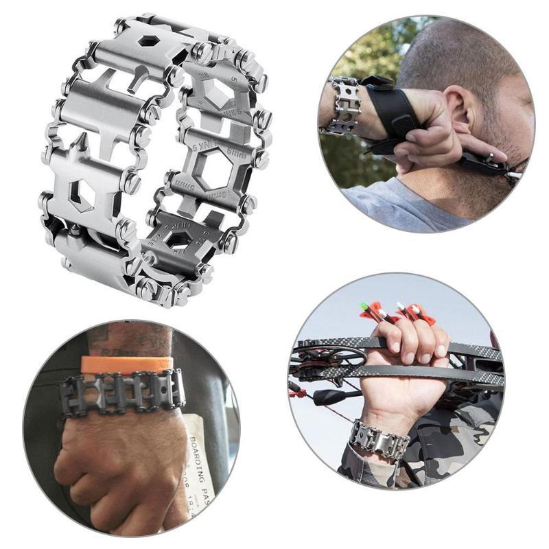 Ergonomisk designet multiverktøy armbånd i rustfritt stål, et must for friluftsliv.