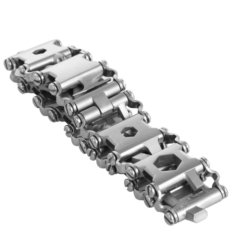 Nærbilde av det robuste multiverktøy armbåndet; 29 funksjoner i elegant rustfritt stål.