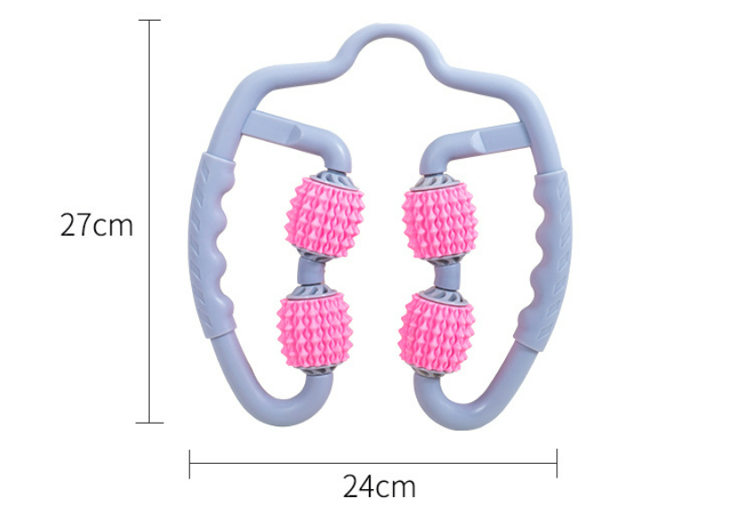 "Muskelmassasjerulle med 360° roterende trykkpunkter, ergonomisk design, 4 ruller, gir kraftig muskelmassasje."