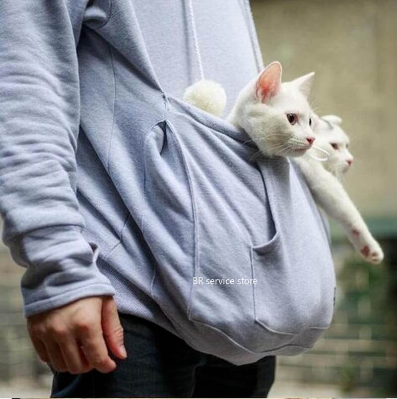 Grå, myk katte hettegenser med romslig kattelomme for ultimat komfort for både eier og katt.