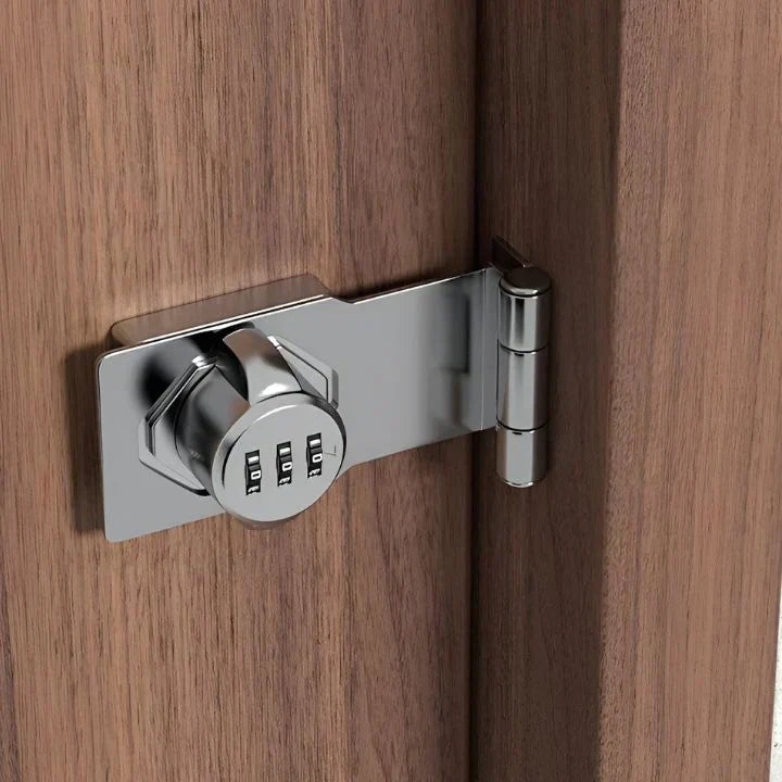 Robust nøkkelfri kombinasjonslås med justerbar kode. Perfekt for skap, skuffer og dører; enkel montering.