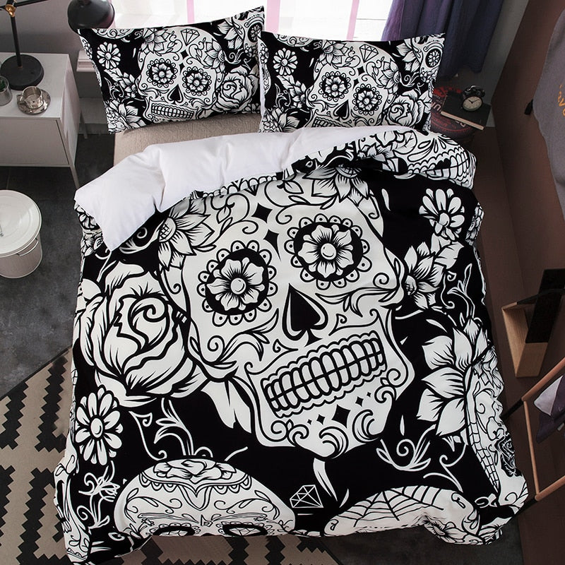 Unisex skull sengetøy på seng. Stilrent sengesett som gir komfort og unik stil til soverommet.