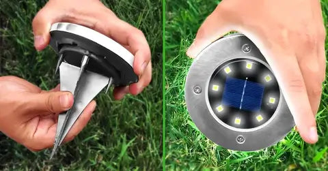 Utendørs Solardisk Lys med 8 LED sett fra siden, viser robust jordspyd for enkel montering i plen og hage.