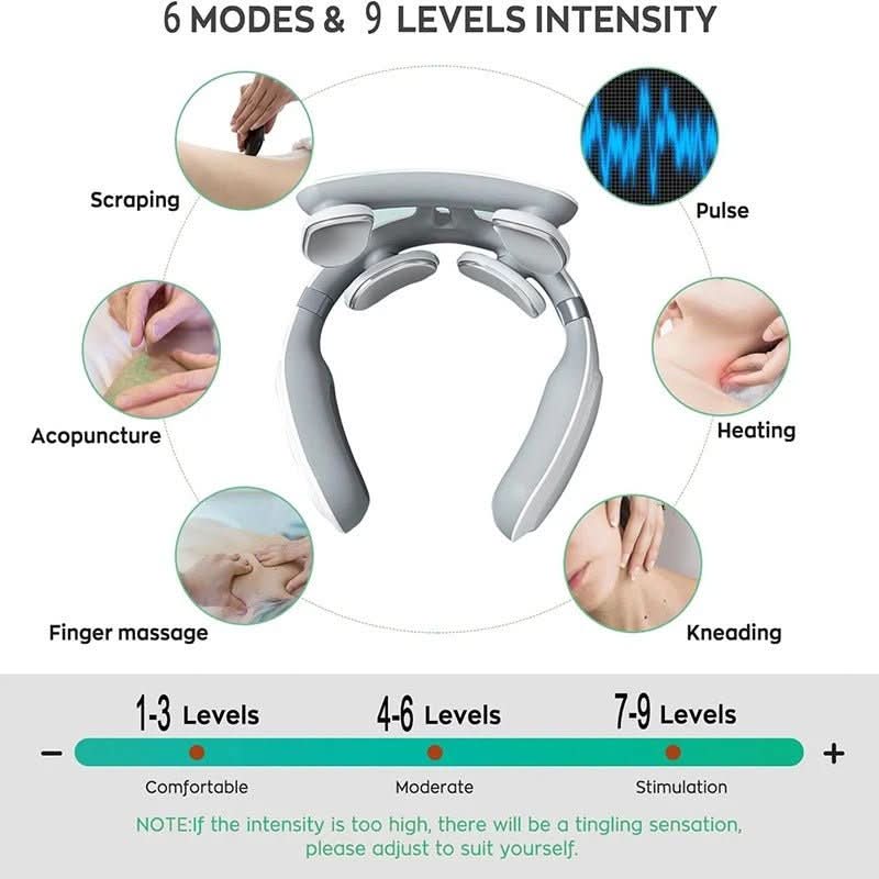 Detaljert bilde av kontrollpanel på nakkemassasjeapparatet som viser varme- og vibrasjonsinnstillinger