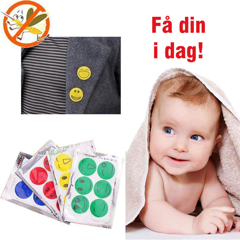 "Naturlige myggplaster, fargerike design, trygge for barn, urtebasert, festes på klær, kjemikaliefri beskyttelse"