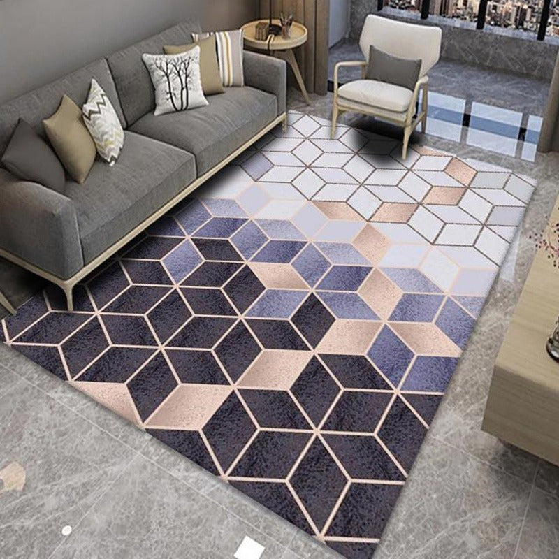 Stilrent nordisk geometrisk teppe i gråtoner, laget av slitesterk polyester. Perfekt som moderne gulvdekorasjon.