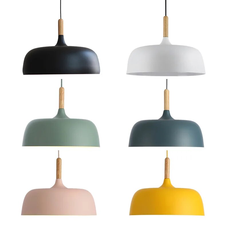 "Nordisk LED-pendellampe med elegant design, tilgjengelig i flere farger som hvit, svart, grønn, blå, gul og rosa."