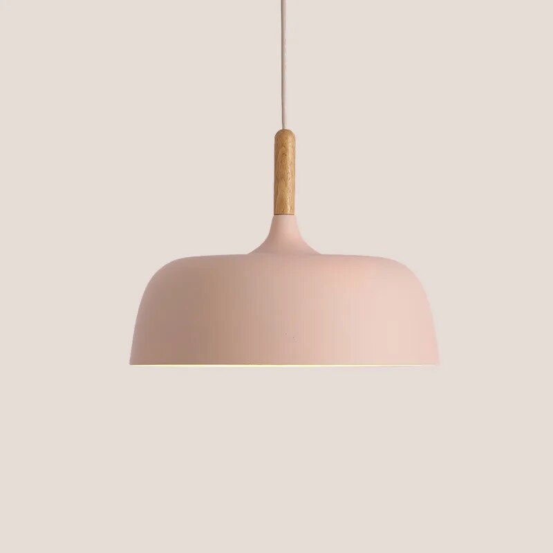 "Nordisk LED-pendellampe med elegant design, tilgjengelig i flere farger som hvit, svart, grønn, blå, gul og rosa."