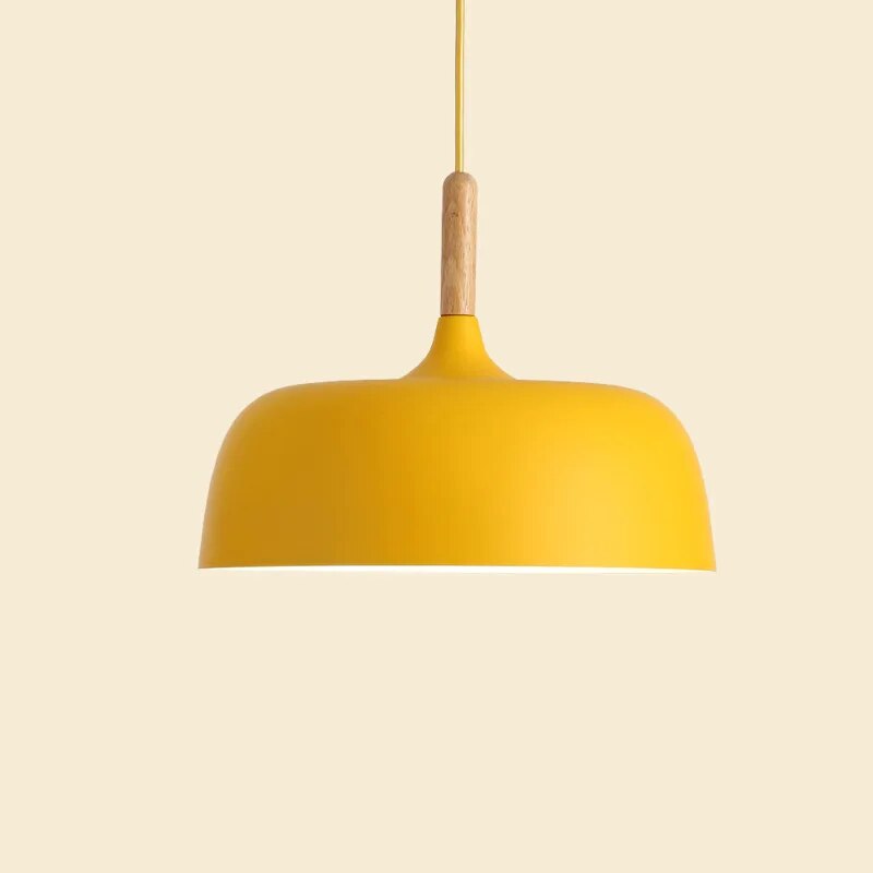 "Nordisk LED-pendellampe med elegant design, tilgjengelig i flere farger som hvit, svart, grønn, blå, gul og rosa."