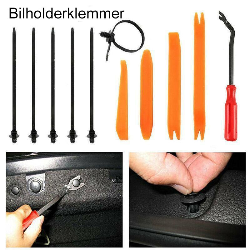 "Nylon og metall bilfeste klippsett, komplett med solide festeklips for montering av bilutstyr, på hvit bakgrunn."