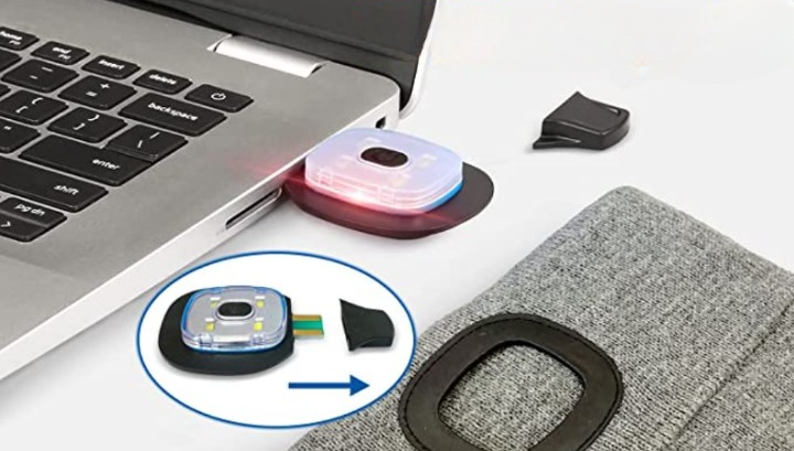 LED-lue pakket ut, klar til bruk, med fokus på det oppladbare batteriet og lysmodulen.