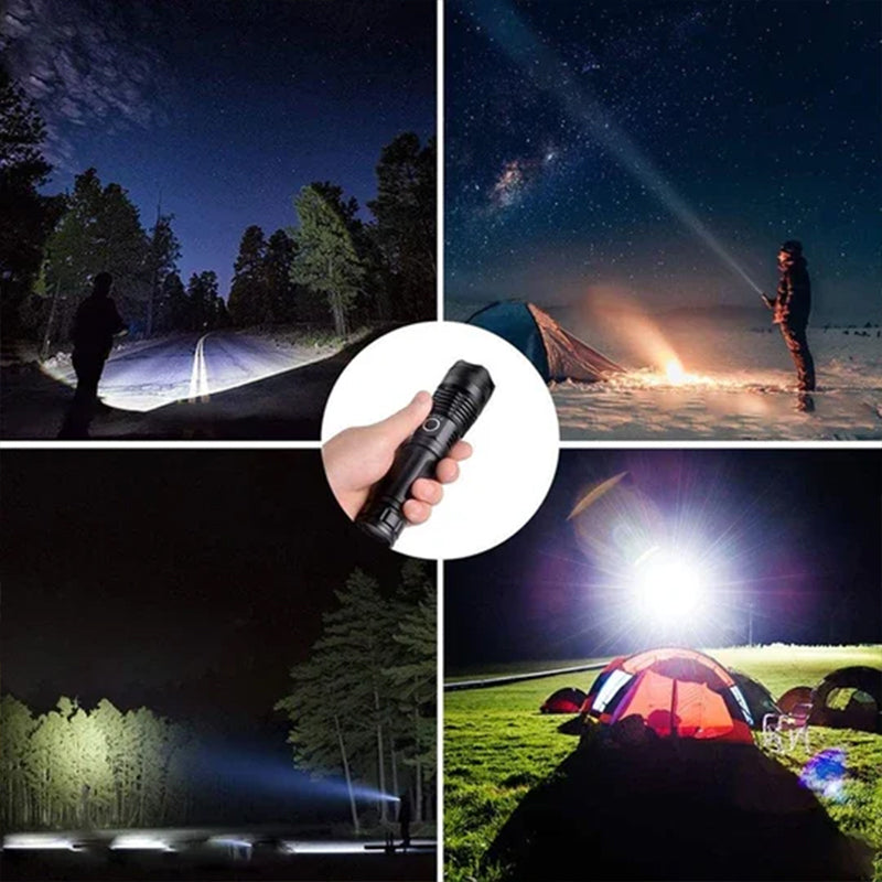 Oppladbar taktisk LED-lommelykt, 90000 lumen, robust aluminiumslegering, vanntett design for utendørs bruk.