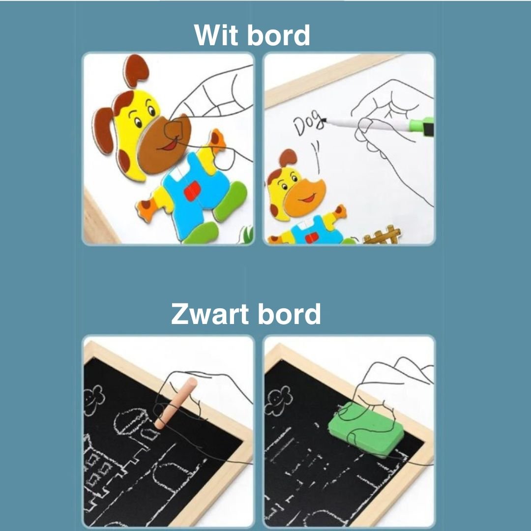 Et pedagogisk tegnebrett i tre med ulike former og farger, perfekt for barns utvikling og lek