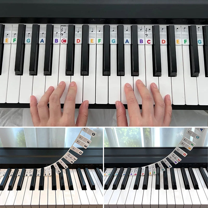"Piano silikonetiketter for nybegynnere, fargerike avtakbare noteskilt som viser diskant- og bassstaver tydelig."