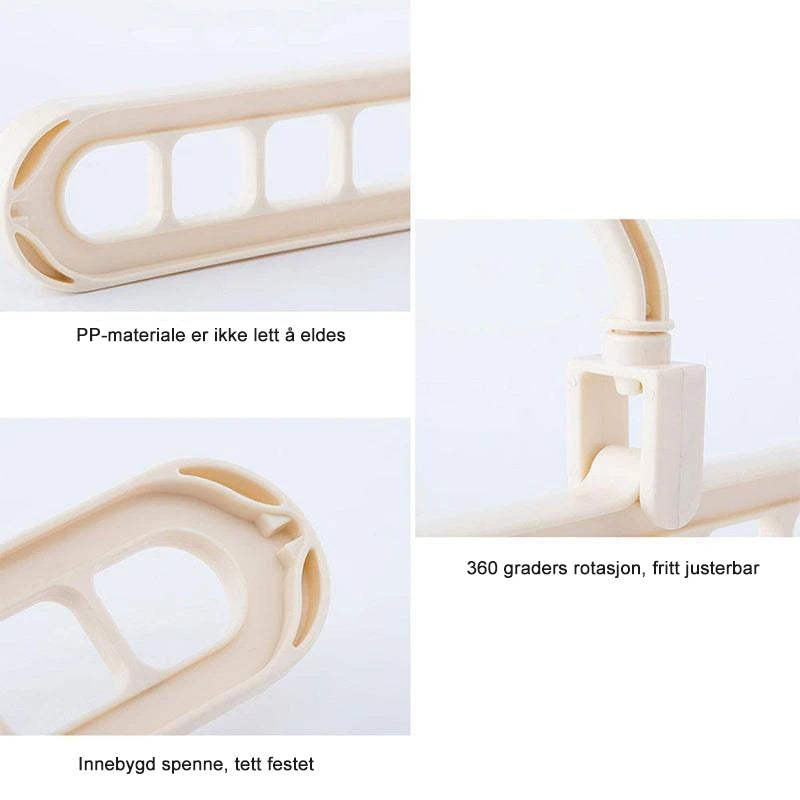 "Plassbesparende kleshenger med 9 hull, roterbar design, solid hvit plast for effektiv organisering av klær."