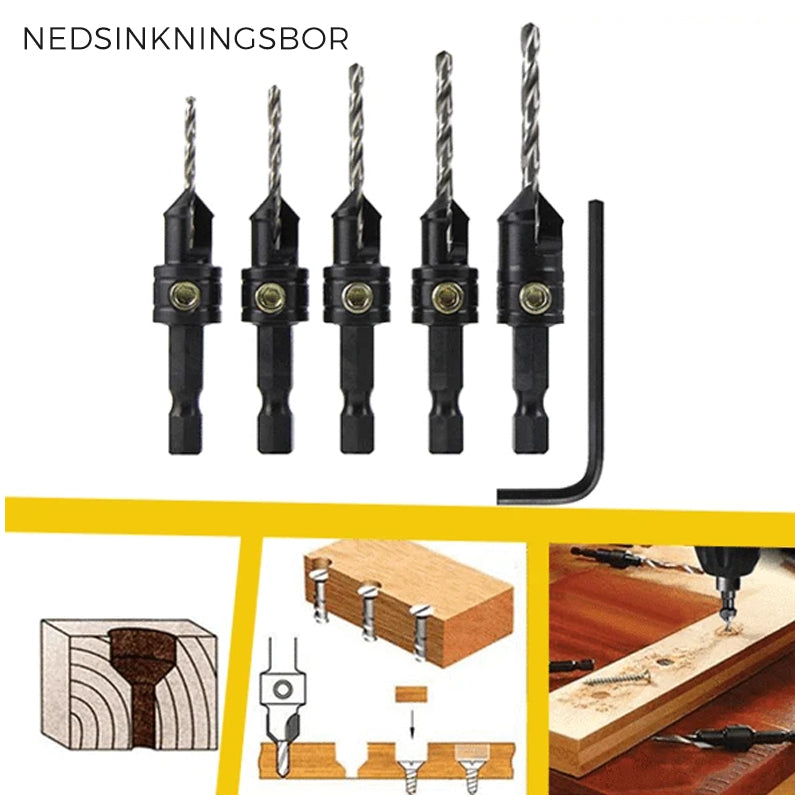"Premium HSS forsenkningsbor-sett i metallisk finish med ulike borstørrelser, ideelt for presisjonsboring."