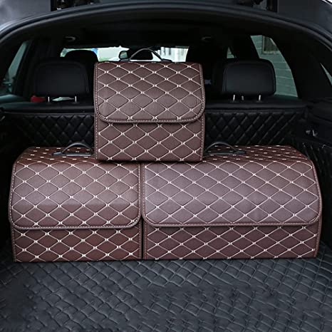 Detaljert bilde av premium PU-skinn organizer i bilbagasjerommet, klar til bruk.