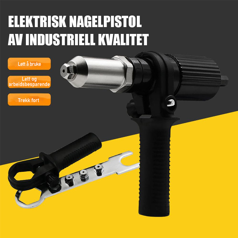 "Profesjonelt popnaglersett med ståladapter, fire pareskruer og sklisikkert håndtak, ideelt for naglearbeid."
