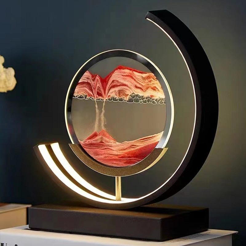 "Quicksand bordlampe med 3D-sandmaleri, elegant design i svart med dynamisk sandbevegelse, avslappende atmosfære."