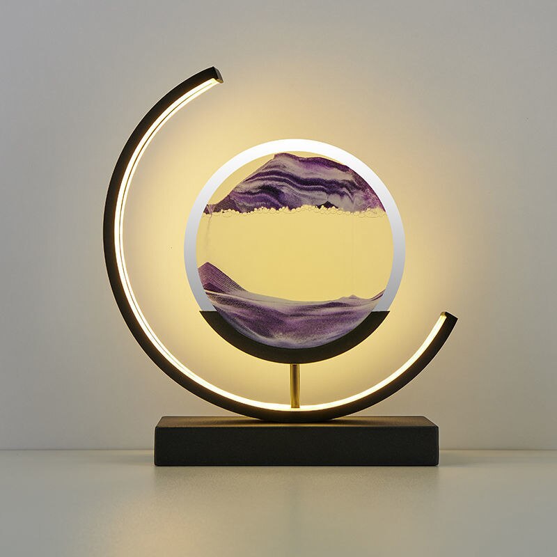 "Quicksand bordlampe med 3D-sandmaleri, elegant design i svart med dynamisk sandbevegelse, avslappende atmosfære."