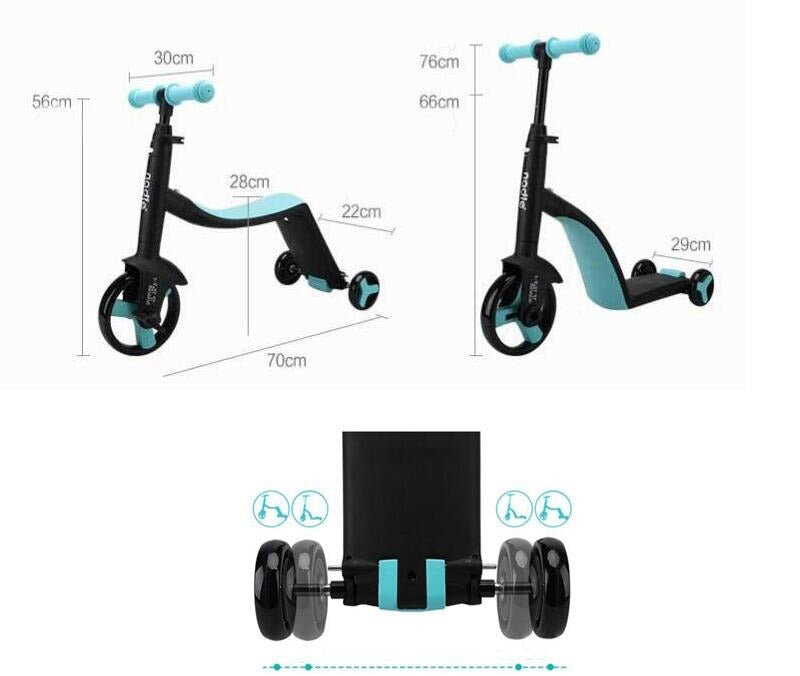Transformativ gul barnescooter som også er en balansesykkel og trehjulssykkel, robust for utendørslek.