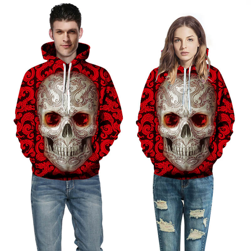 Rød herre hettegenser med hodeskalleprint. Komfortabel streetwear-genser perfekt for høst og vinter.