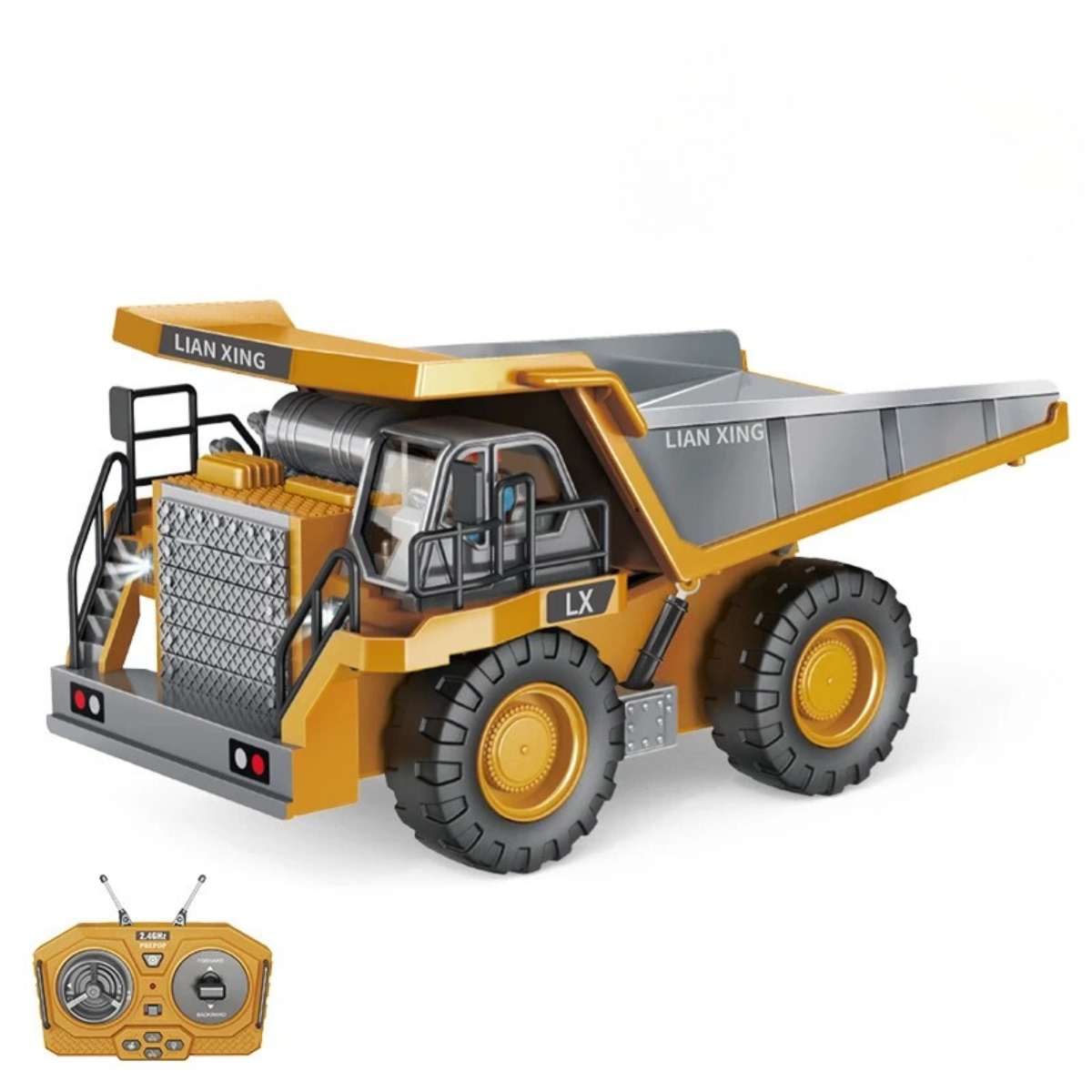 "Radiostyrt 4x4 lastebil fra MegaMover i robust materiale for barn, med realistiske lys og lyder, perfekt for byggere."