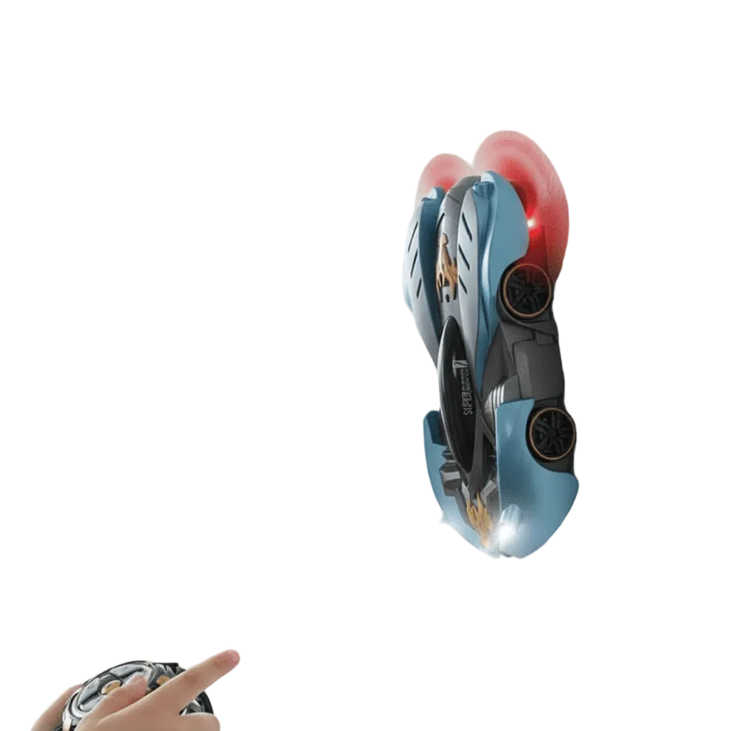 Radiostyrt stuntbil med LED-lys som kjører på vegg, oransje og svart design.